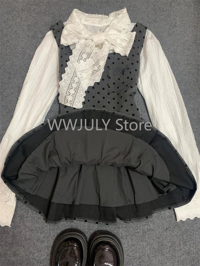 Autumn Winter Women Old Money 2000s Aesthetic Outfits 2 Piece Dress Set Long Sleeve French Blouse + Polka Dot Pleated Mini Dress