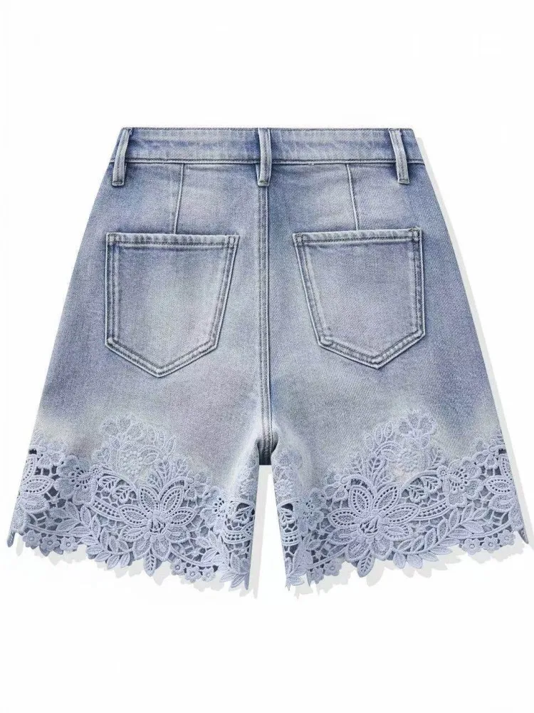Casual Women Summer Hot Sexy Girl Hollowed Out Embroidery Pearl Beading Slim Fit Denim Shorts Fashion Lady Jeans Short Trousers