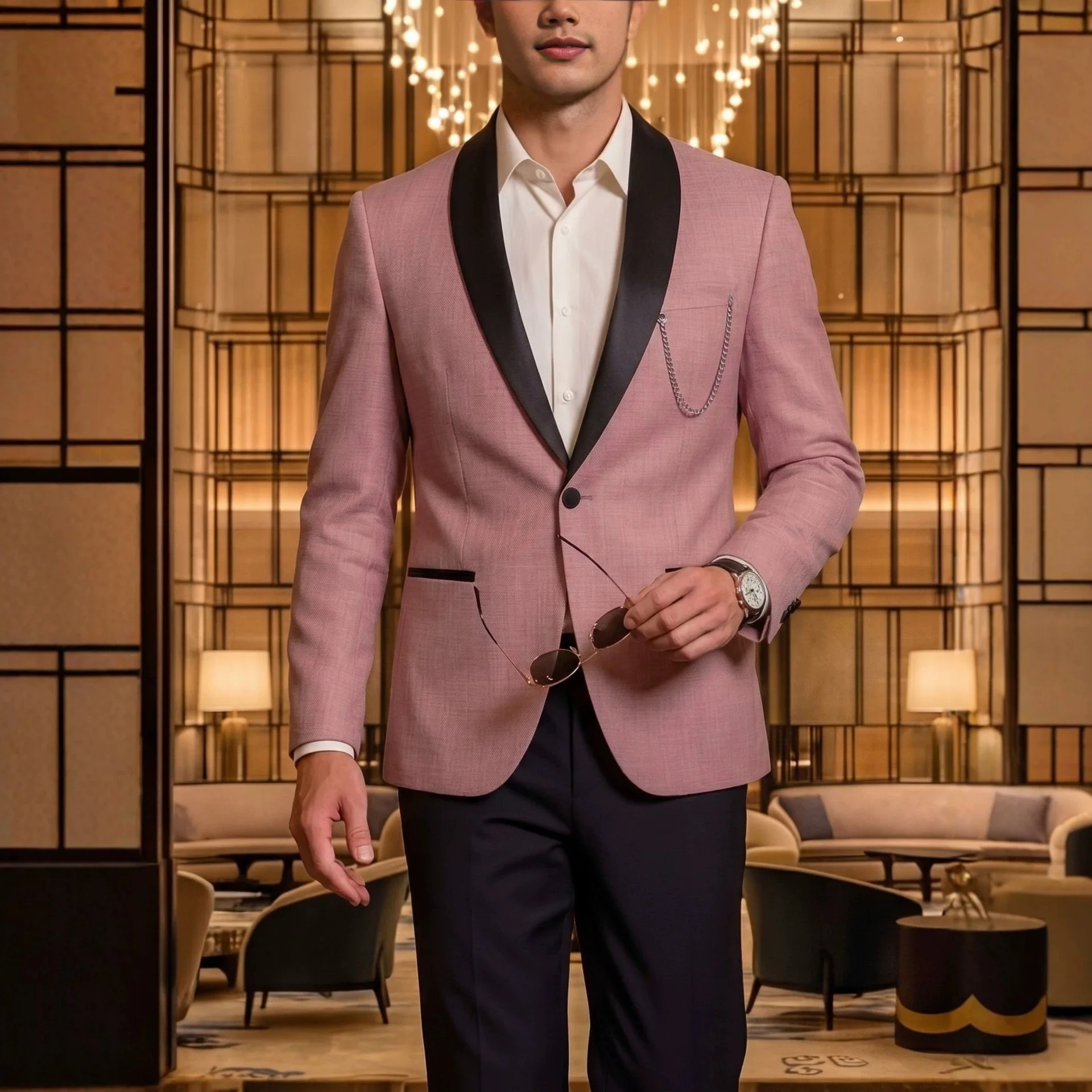 Men's Wedding Blazer Contrast Color Turn Down Collar Groom Suit Coat Single-Breasted Long Sleeve Party Blazer for Men Eu Size