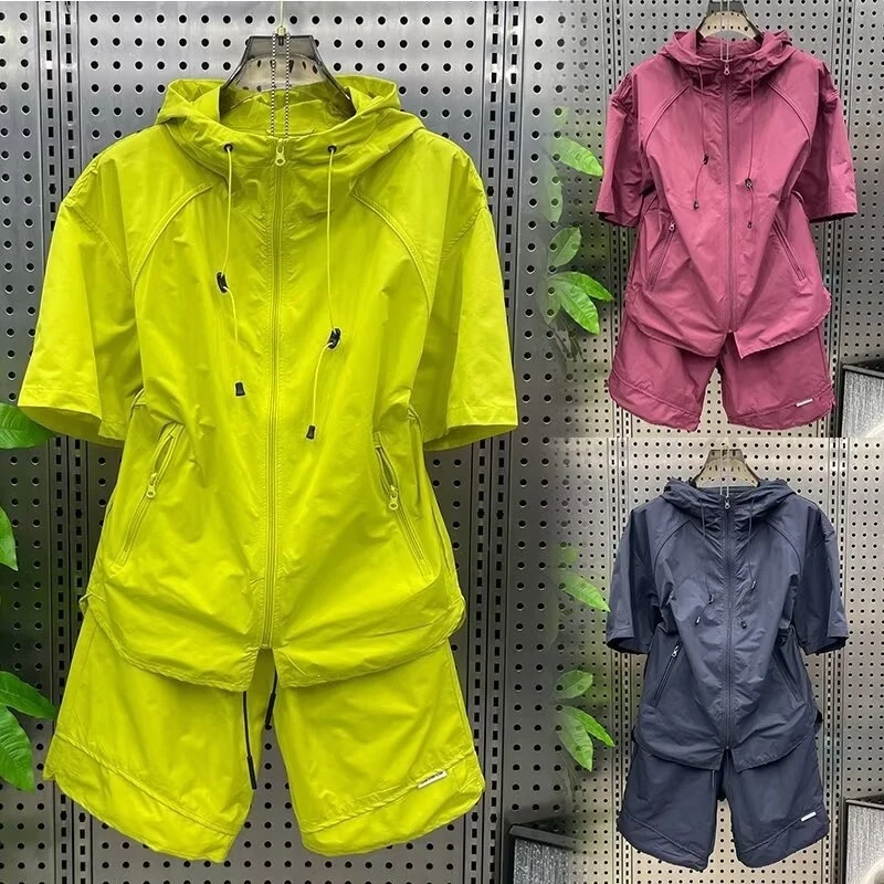 Men Summer Thin Outdoor Hooded Quick Dry Casual Set Trendy High Street Short Sleeve Top Shorts Korean Loose Couple 2 Pcs Outfit