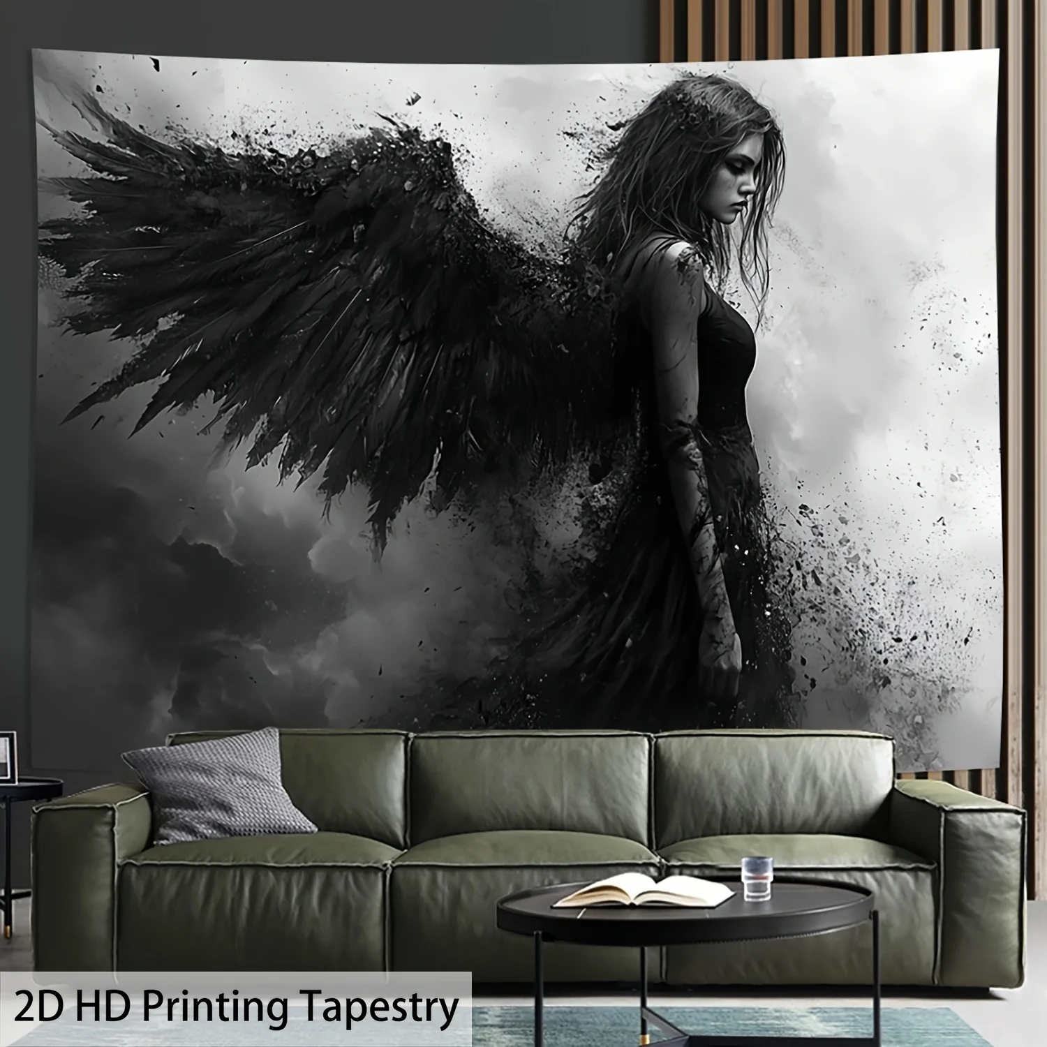 Dark Angel Tapestry, Woman with Black Wings in Monochrome, Gothic Fantasy Wall Hanging for Bedroom Living Room Decor