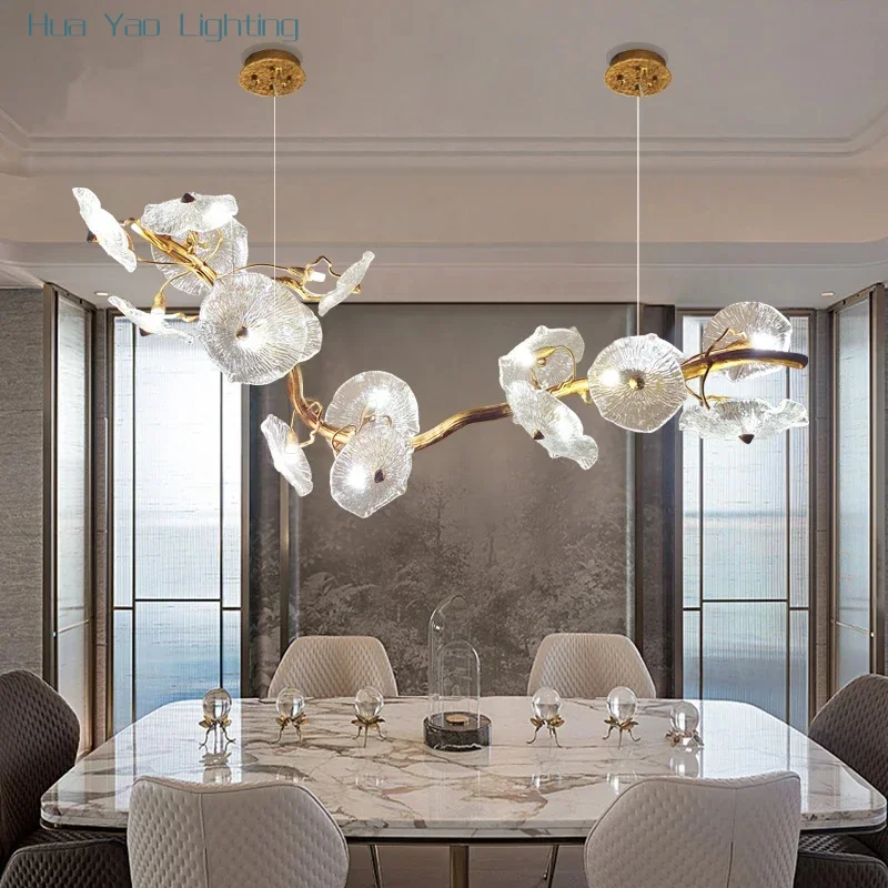 All copper new Chinese chandelier living room lamp villa art lotus leaf bedroom dining room crystal chandelier