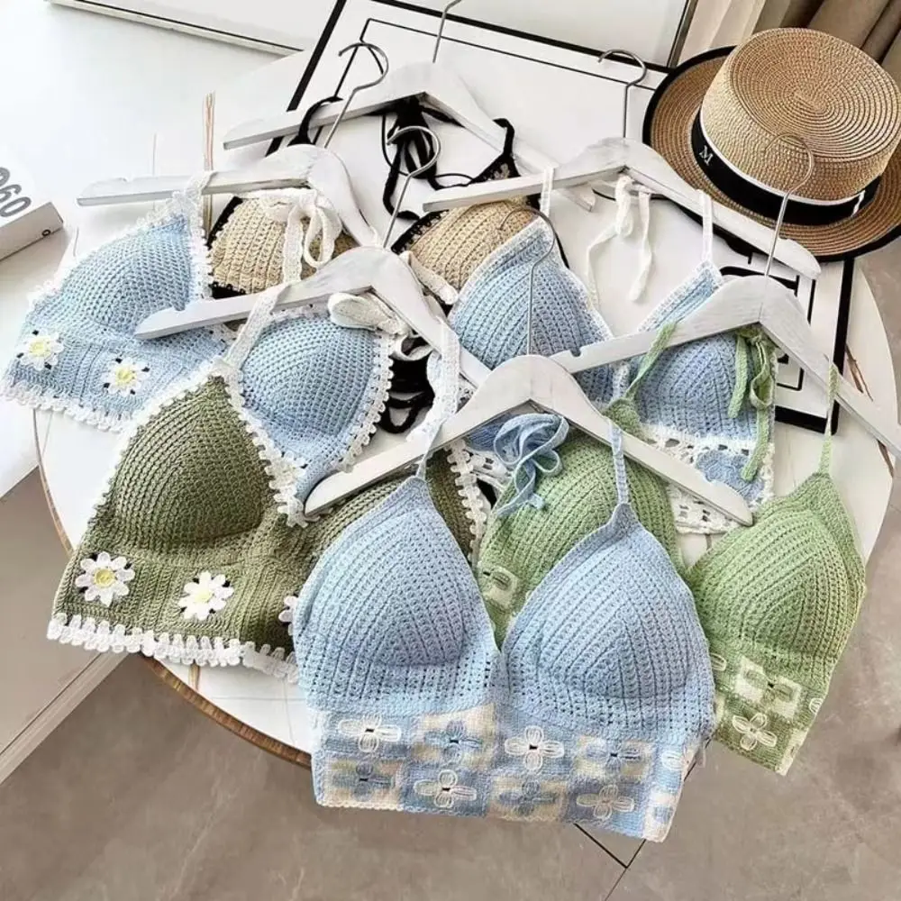 Fashion Bohemian Women Swimwear Top Knitted National Style Summer Sling Sexy with Chest Pads Crop Top Beach Vacation