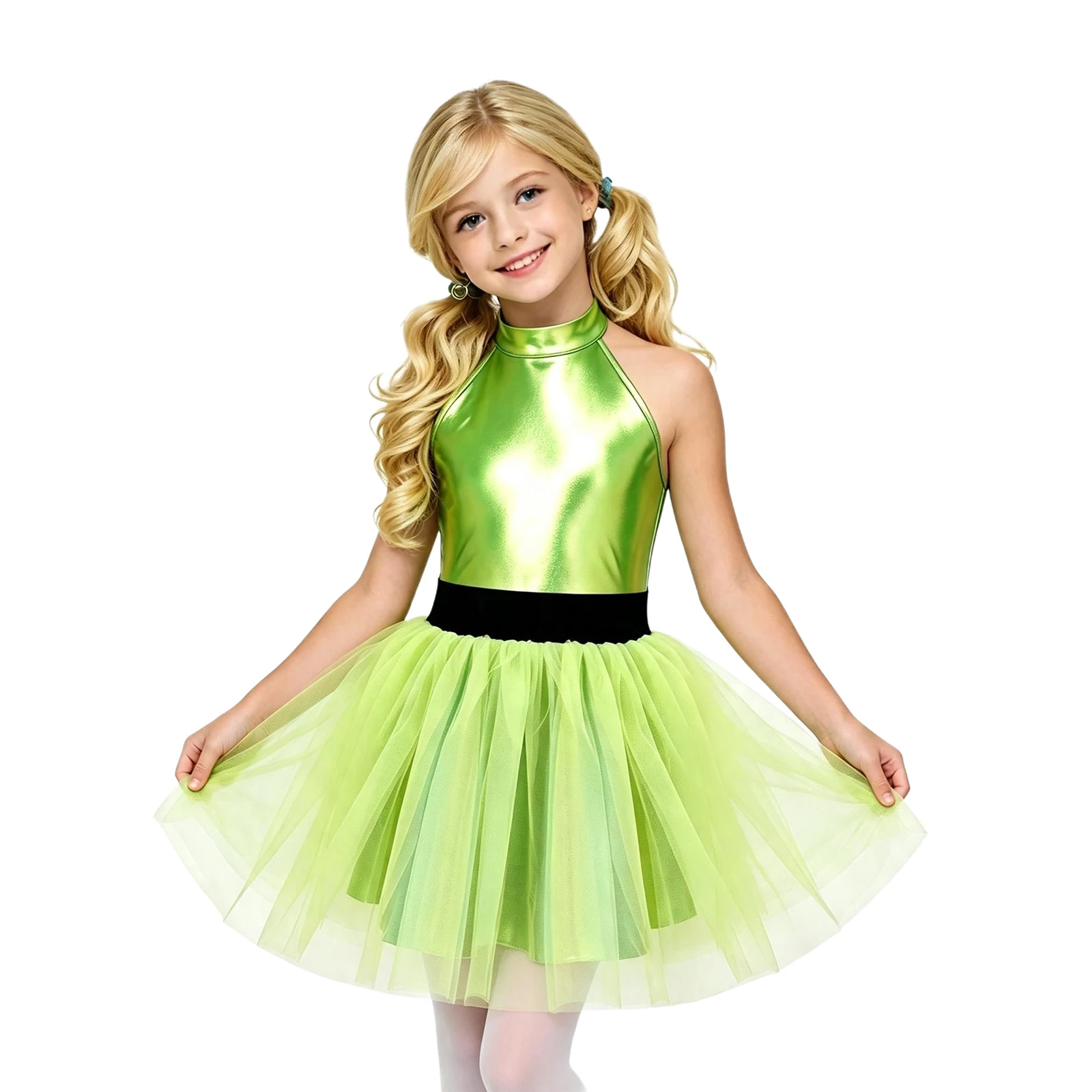Disfraz de alienígena para niñas, vestido tutú de tul con volantes en capas, sin mangas, con cuello halter, para Halloween, fiesta de truco o trato