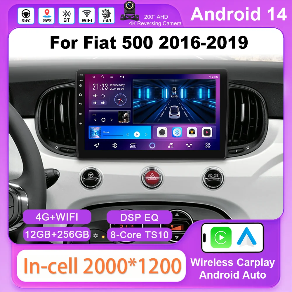 

Android For Fiat 500 2016-2019 Car Head Unit Multimedia Video Player GPS Navigation Radio Stereo Wireless Carplay Bluetooth WIFI