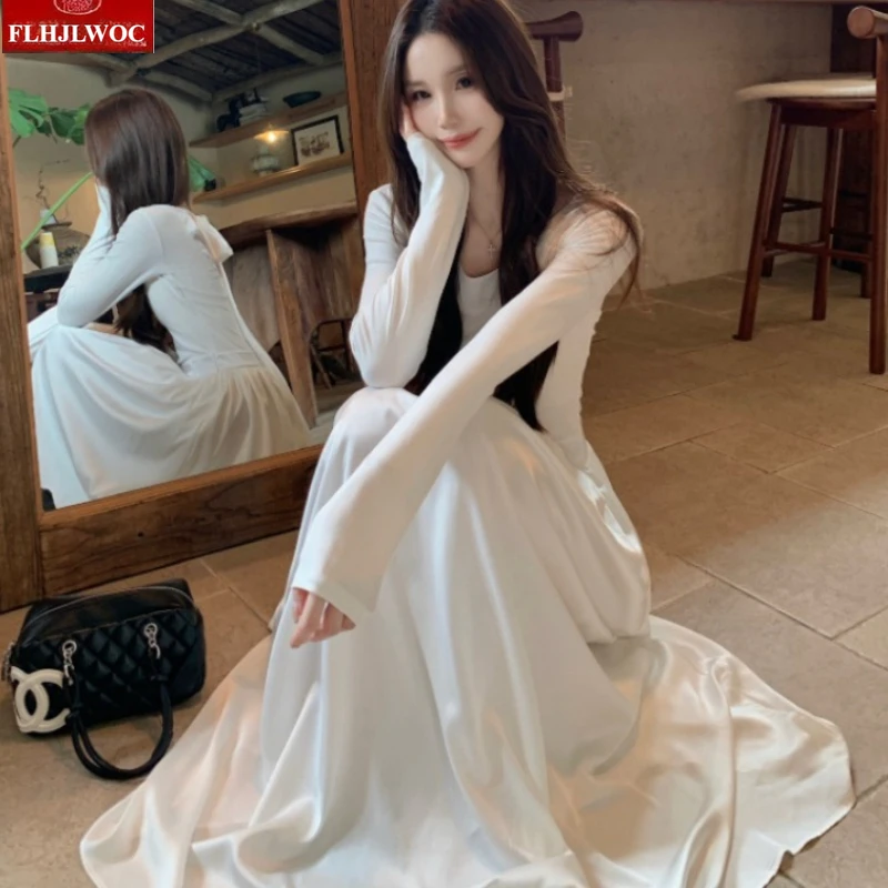 فساتين ماكسي طويلة السنة الجديدة تاريخ حفلة الفتيات امرأة الخصر النحيف وهمية 2 قطعة تصميم أنيق أسود ربطة القوس فيونكة تي شيرت فستان Vestidos #4