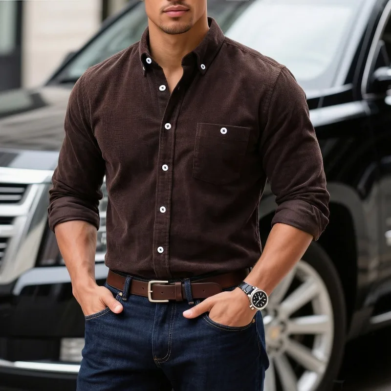 

Men's Green Corduroy Button Down Shirt Long Sleeve Slim Fit Casual Shirt with Pocket for Fall Winter