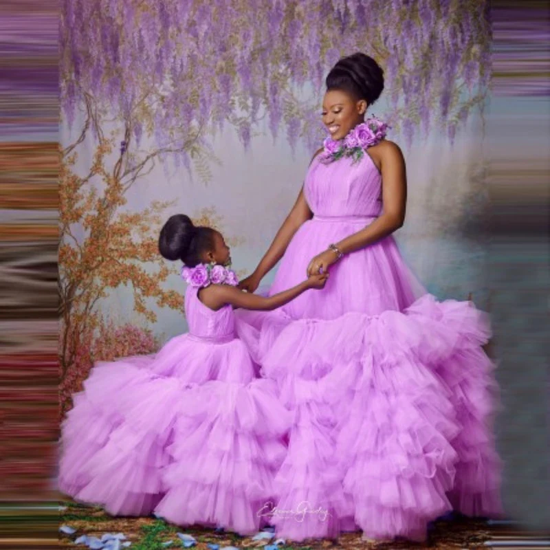 Lavander Mom And Me Tulle Dresses For Photo Shoot Sleeveless Halter Ruffles Pleated Ball Gown Mmother And Daughter