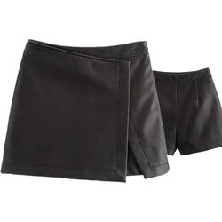 Maxdutti British Retro Washed Leather Skirt Pants Culotte Women Minimalist And Fashionable Mini Skirts Shorts