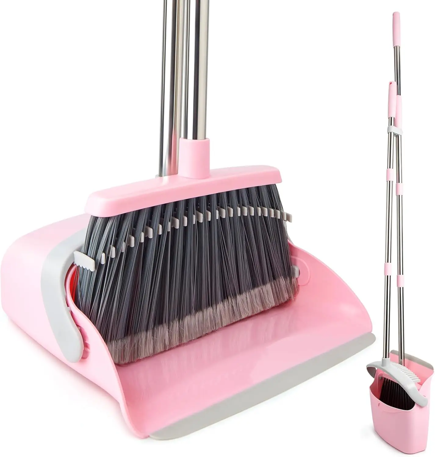 

Broom and Dustpan Combo Set, Long Handle and Standing Dust Pan with Comb Teeth, Efficient Floor Cleaning for Kitchen, Outdoor, D