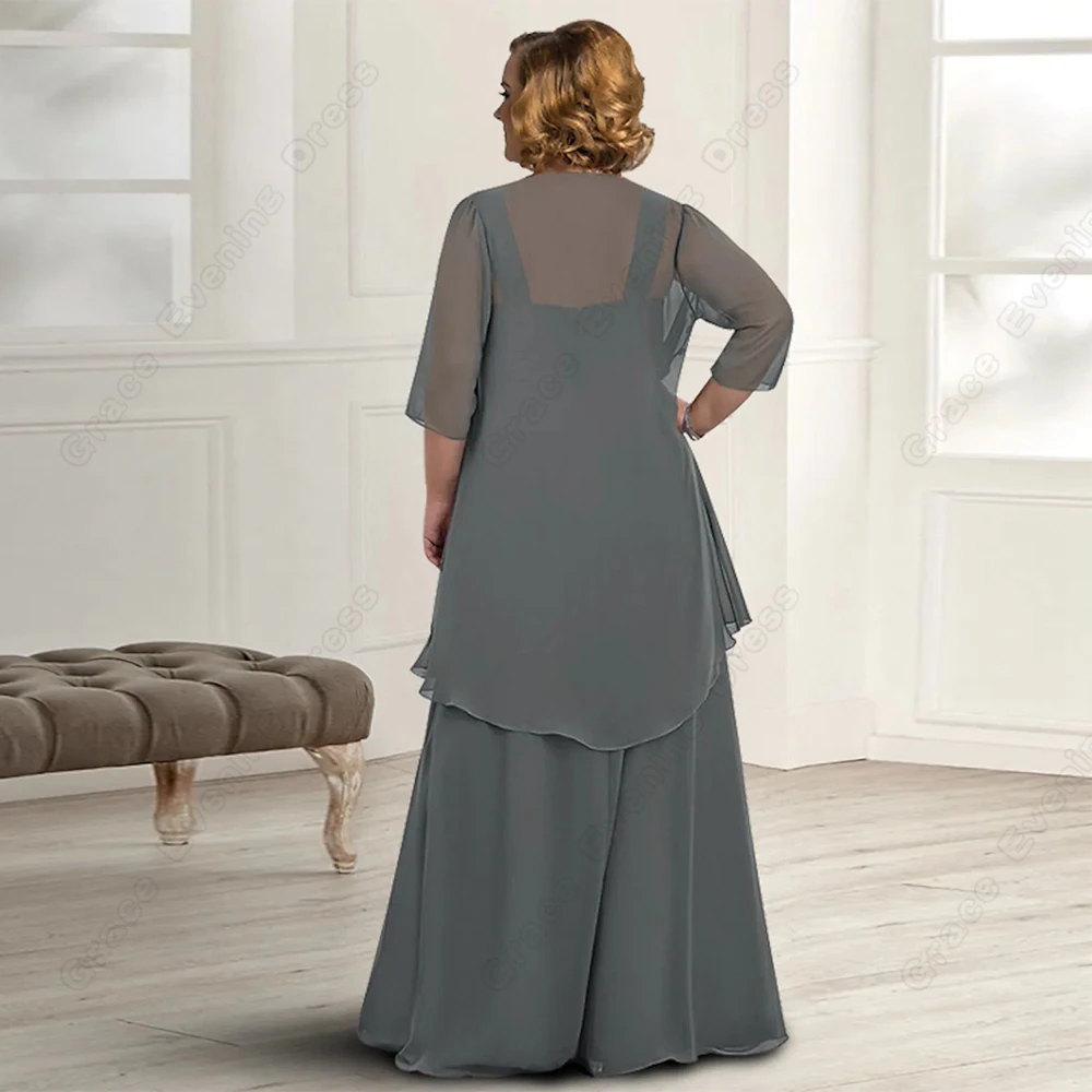 Plus Größe Grau Mutter der Braut Kleider für Frauen Chiffon Drei Viertel Hochzeit Party Kleider für Formale Occasioon 2023 Sommer