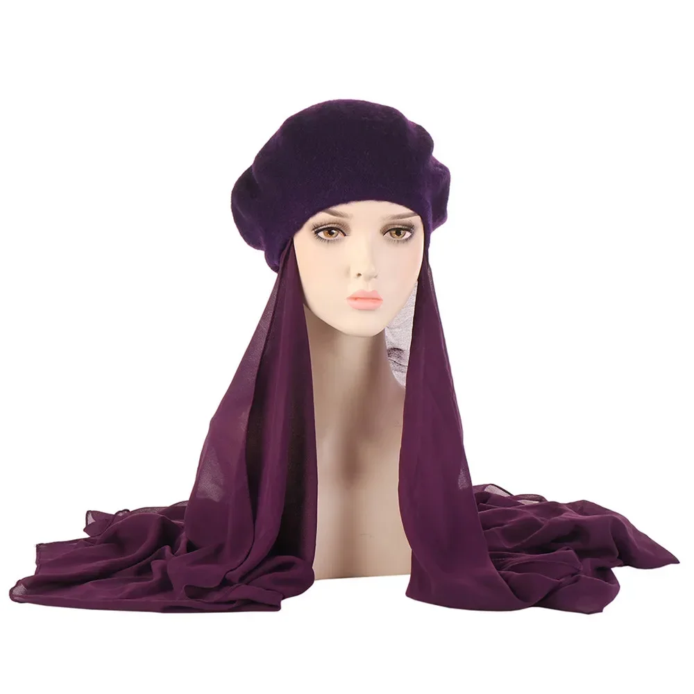 New Muslim Fashion Women Hijab with Beret Hat Chiffon Scarf Ready To Wear Instant Headscarf Shawls Wrap Turban Headwear Bandana