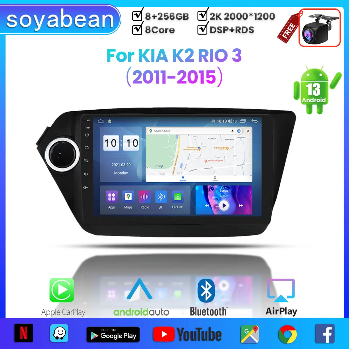 

Android 13 Car Radio for KIA K2 RIO 3 2011-2015, 9inch 2K Multimedia Player with 4G Carplay & 2Din GPS Navigation.