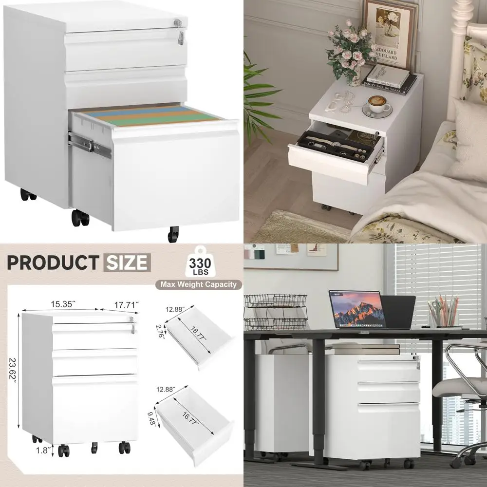 

Металлический шкаф для документов на колесиках с 3 ящиками, подходит для дома и школы, форматы Letter/Legal/A4, белый