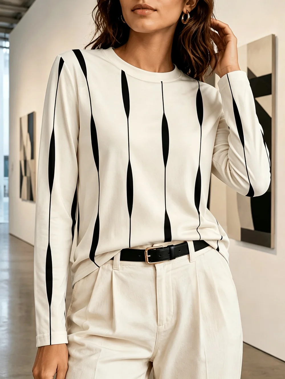 Elegantes Damen-T-Shirt mit 3D-Druck, Herbstmode, Rundhalsausschnitt, langärmelig, gestreift, schlicht, für den täglichen Gebrauch, Damenbekleidung. – Detail 3