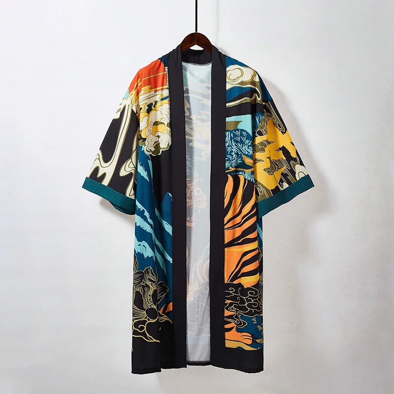الأوروبية والأمريكية الموضة فضفاضة الرجعية النمر طباعة منتصف طول كيمونو سترة Haori سترة الصيف حجم كبير عطلة الشاطئ نمط قطعة واحدة ملابس السباحة التستر ملابس الحماية من الشمس