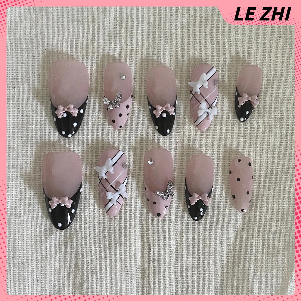 10Pcs Handmade Short Portable Sweet Bow Wings Press On Nails Art Pink Blue Almond Ballet Coffin Square Shining Stars False Nails