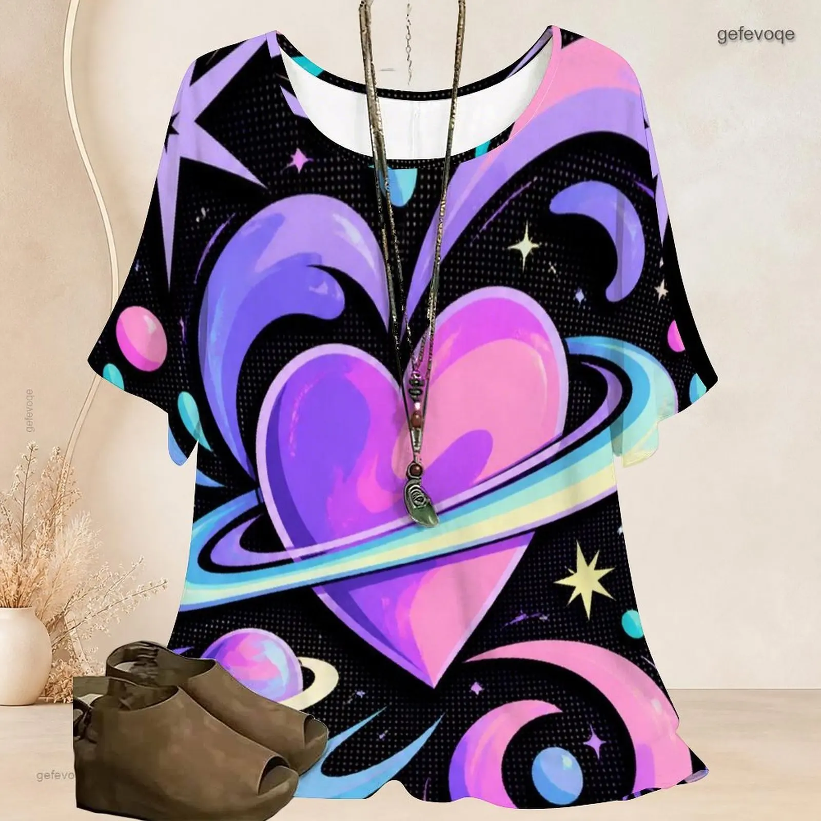 Women Round Neck Loose Batwing Short Sleeve Top, Printed Pastel Pink Purple Cosmic Heart Planet Star Swirl Pattern