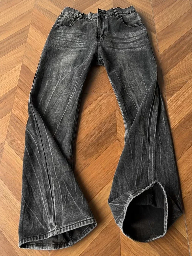 American High Street Black Lightning Pattern Men's Jeans Spring Trendy Brand Washed Vintage Knife Pants Straight Leg Flared L...