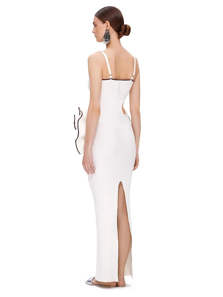 Feminino sexy 3d stero flores cortar branco maxi vestido longo alças sem mangas bodyconcocktail vestido de festa à noite