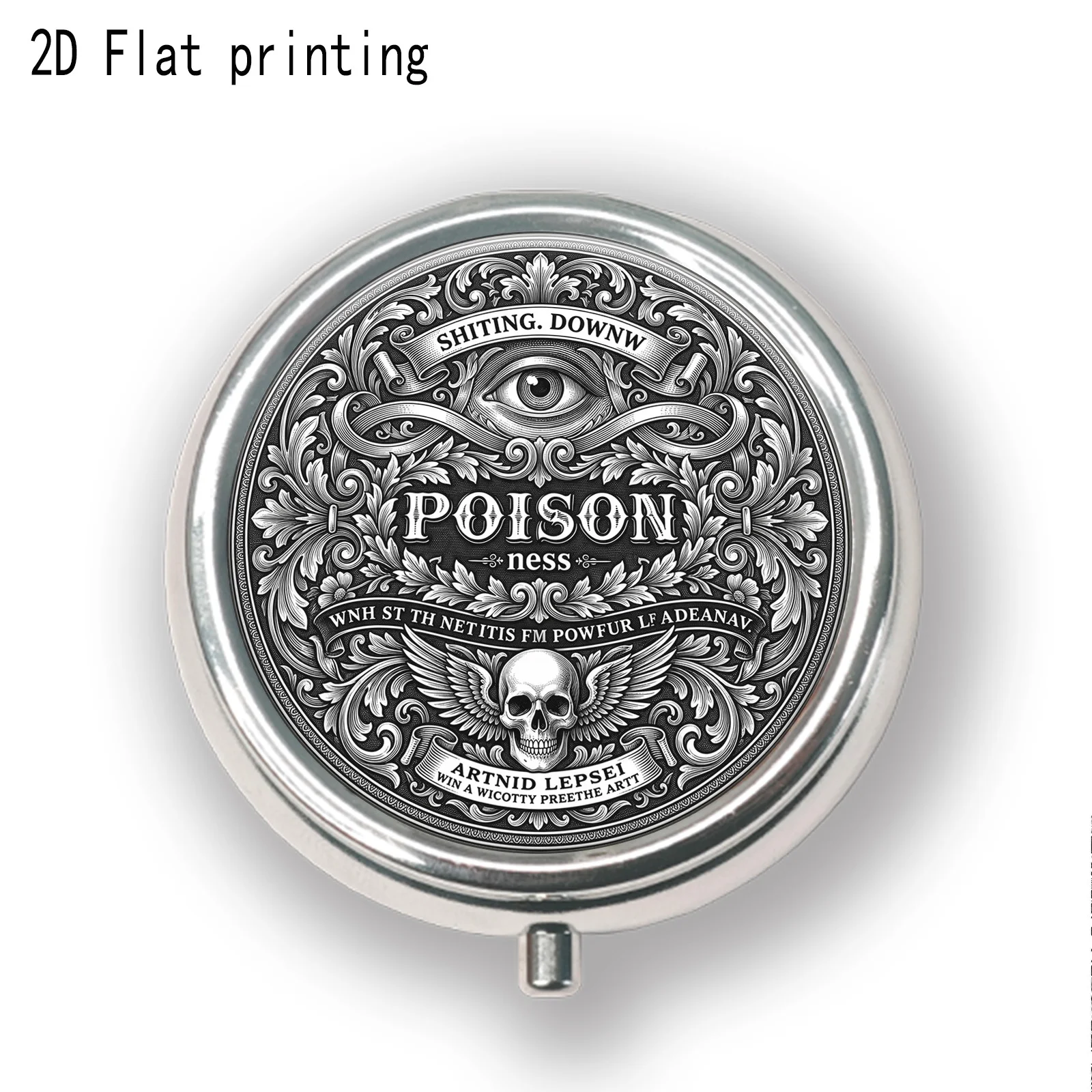 Single pack, flat print, portable pill box with mini three-compartment design, black and white European-style skull carving vintage decorative pattern print, travel medicine storage box, sealed and moisture-proof, capsule vitamin dispensing box, portable small pill box