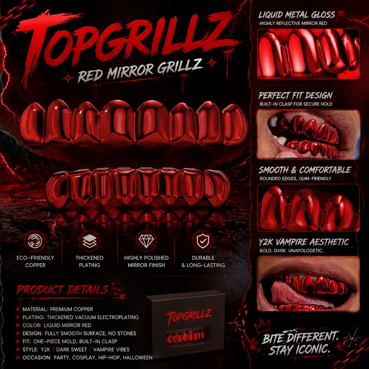 TOPGRILLZ Red Mirror Hip Hop Grillz Set 2Pcs 8 Teeth Top Bottom Grills Y2K Party Cosplay Teeth Halloween Jewelry Men Women - view 3