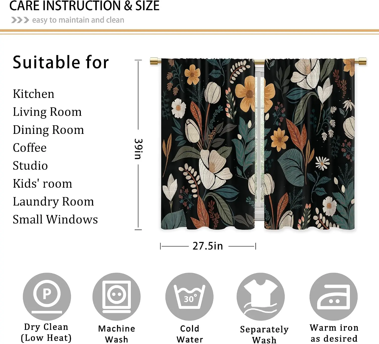 Luxurious Floral Botanical Curtains Pair 2pcs Black Background Window Curtain Home Decor Boho Leaf Pattern Stylish Room Shades