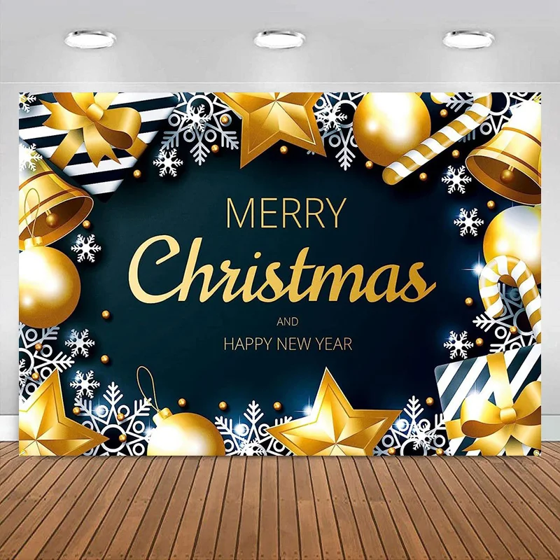 

Merry Christmas Backdrop Banner Black Gold Bells Snowflake Happy New Year Party Decoration Kids Men Women Photography Background