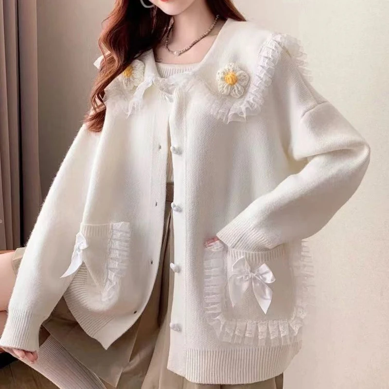 Sweet Peter Pan Collar Pockets Bow Lace Cardigan Sweaters Female Clothing 2024 Autumn Winter New Loose Knitted Young Style Tops