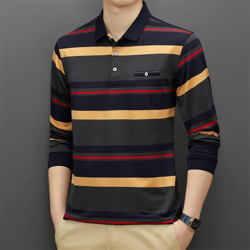 New Men\'s Casual Stripe Plaid Long Sleeve Polo Shirt Fashion Solid Polo Top