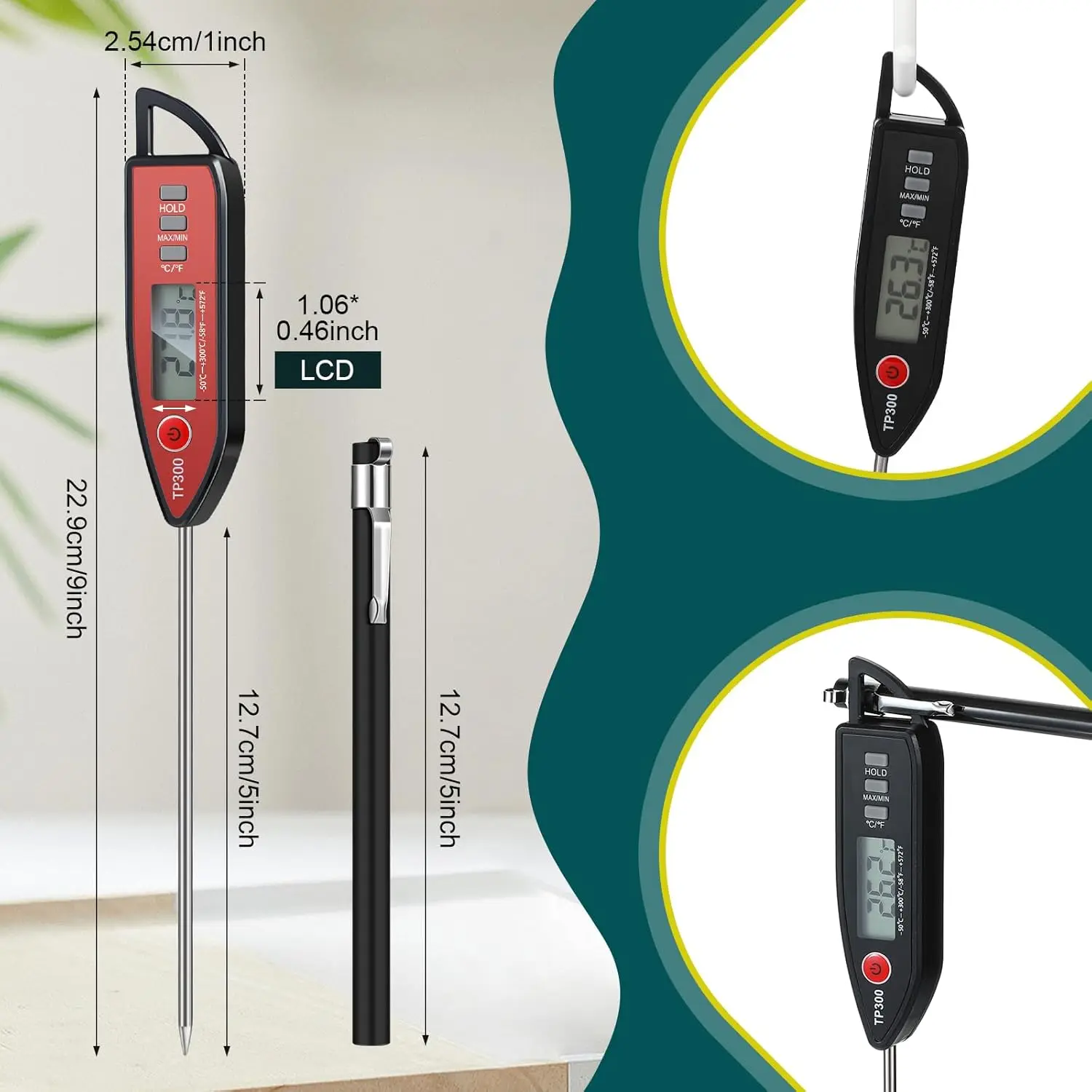 10 Set Waterproof Digital Food Thermometer with Long Probe for Cooking, BBQ, Candle, Candy – Instant Read Kitchen Tool (Black)