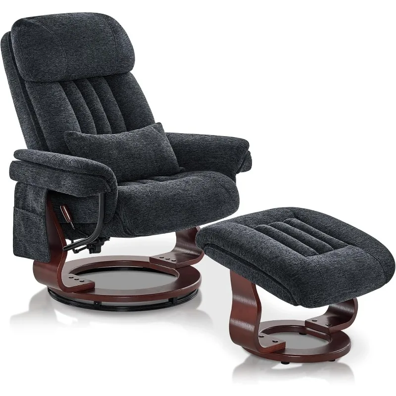 Swivel Recliner and Ottoman, Multi-Position Leisure Office Chair with Vibration Massage, Chenille Fabric Ergonomic Lounge