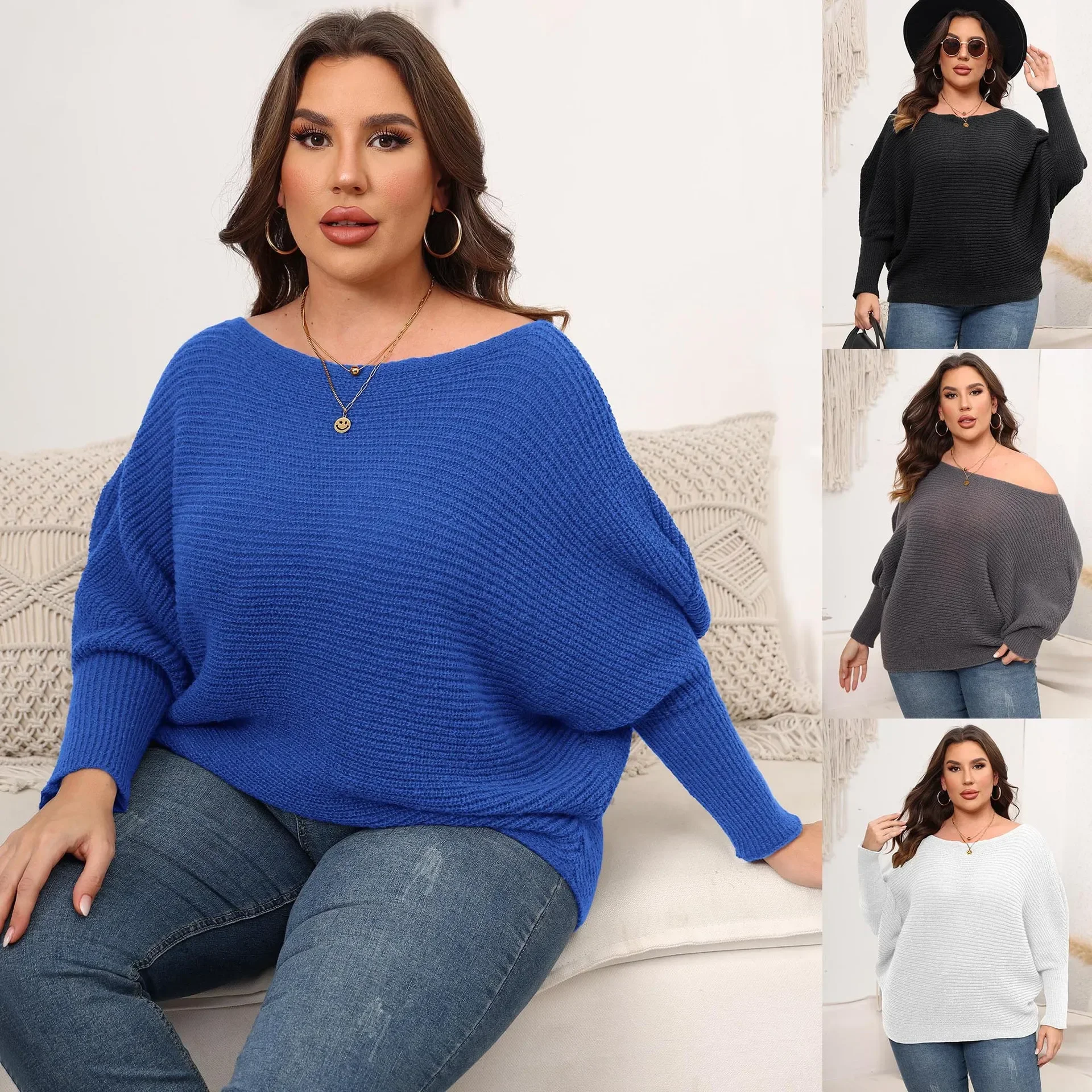 Tkany sweter plus size, odzież damska, jesienne i zimowe rękawy nietoperzowe, kołnierzyk jednowyrazowy, luźny sweter z odkrytymi ramionami.