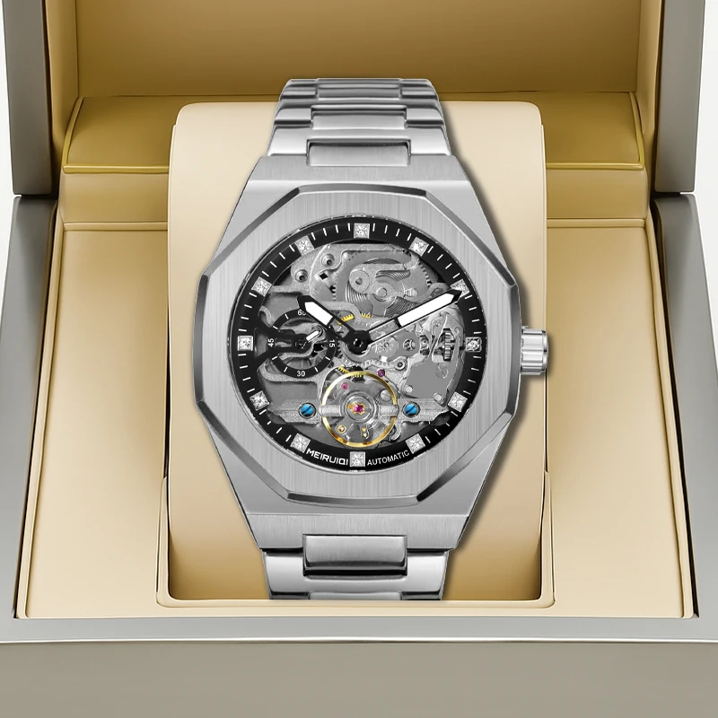 

Мужские серебристо-черные минималистичные механические часы с турбийоном и автоматическим механизмом, создающие особую атмосферу.