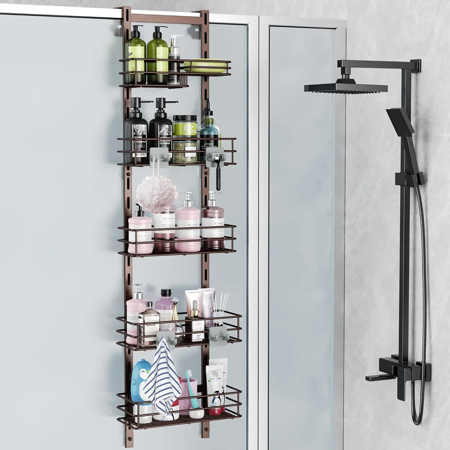 

Adjustable 5-Tier Over Door Shower Caddy with Hooks & Soap Holder, Rustproof Bathroom Organizer for Space Saving
