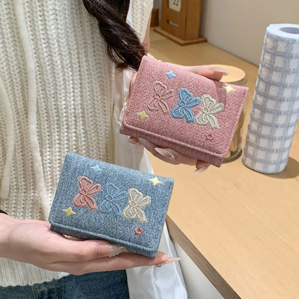 Versatile Portable Embroidered Bow Wallet PU Leather Cute Denim Coin Purse Fashion Multiple Card Short Purse Student