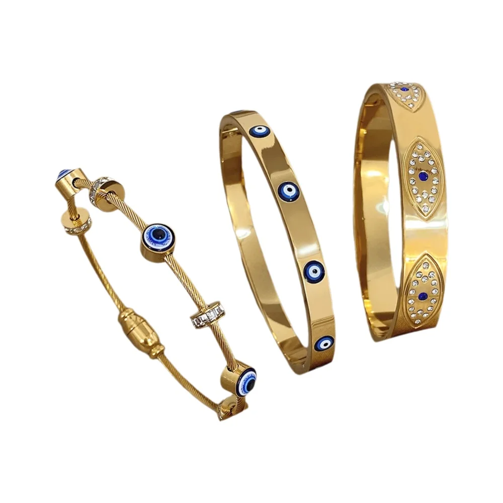 Neue Türkische Böse Augen Strass Edelstahl Manschette Armband Armreif Für Frauen Mode Vergoldet Wasserdicht Charme Schmuck