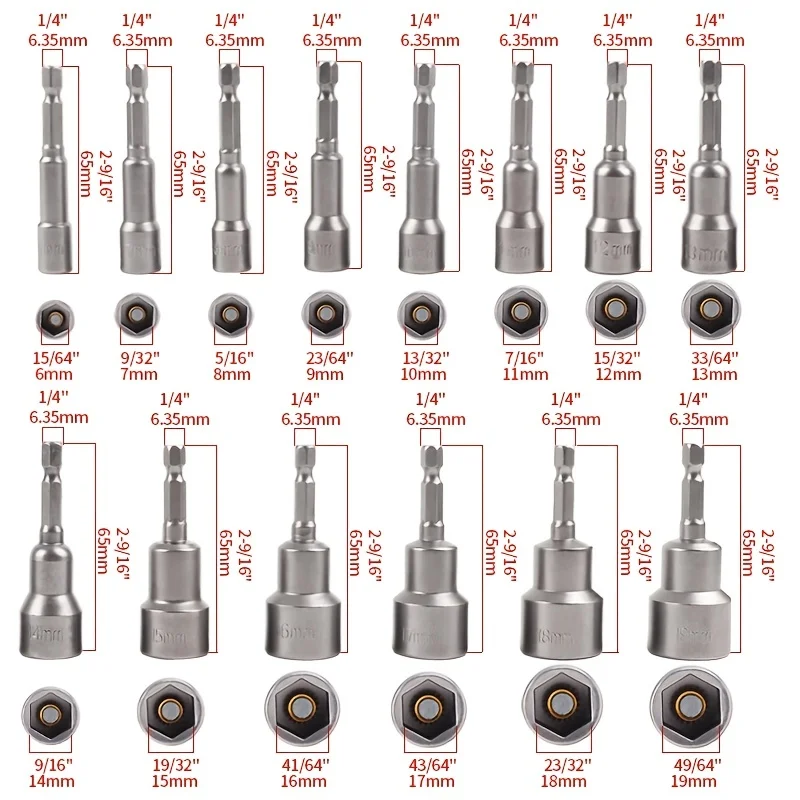 2pcs 6-19mm Magnetic Nut Driver Socket Set Metric Impact Grade Nut Setters 6.35mm Hex Shank Drill Bit