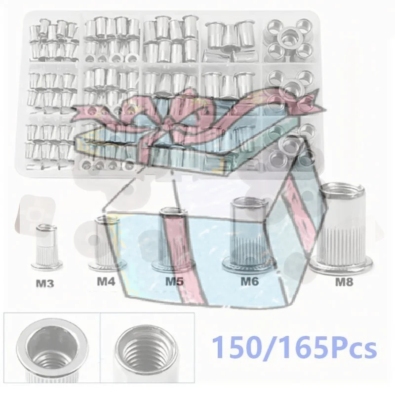 【CCA】150Pcs 165Pcs Rivet Nut Assortment Kit M3-M12 Threaded Insert Nuts Flat Head Rivnut Set For Metal Plate Repair Hardware Kit