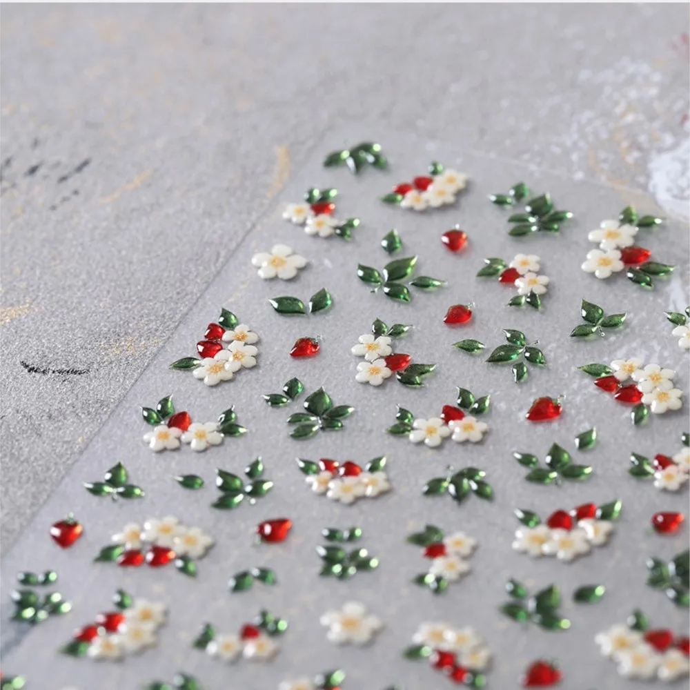 5D in rilievo gelatina foglia verde adesivi per unghie carino rosso fragola decalcomanie per unghie autoadesiva primavera estate verde floreale per unghie supplie
