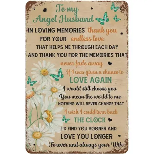 Vintage Metal Tin Sign To My Angel Husband In Loving Memories Thank You For Your