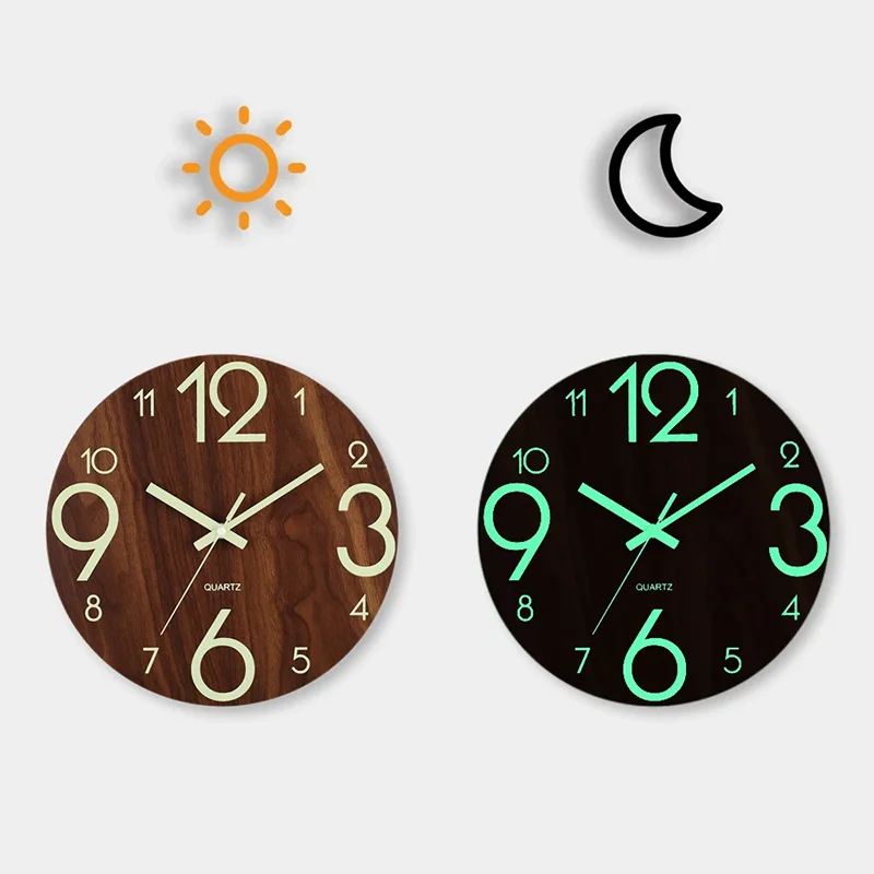 12 Inch Luminous Wood Wall Clock Nordic Fashion Night Glow Visible Silent Clock Night Light for Bedroom Living Room Home Decor