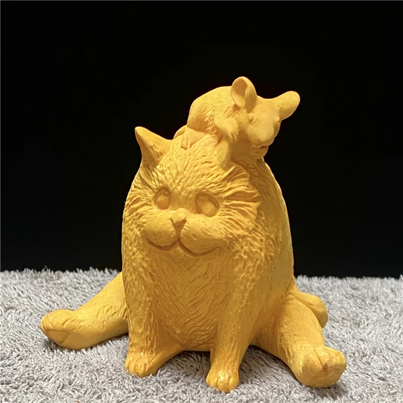 XS592- Mouse and Cat Play Fun Boxwood Sculpture Chinchilla Wood Carving Statue Collection Ornaments