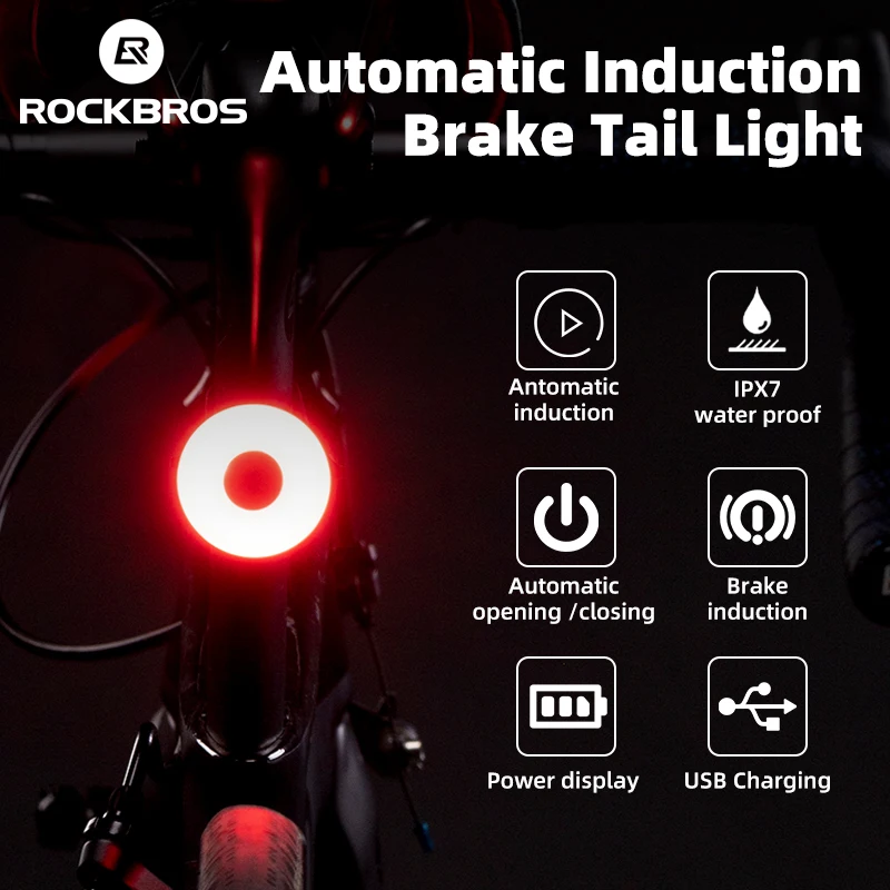 ROCKBROS Smart Bicycle Rear Light Auto Start/Stop Brake Sensing IPx7 Waterproof USB Charge Cycling Tail Taillight Bike LED Light