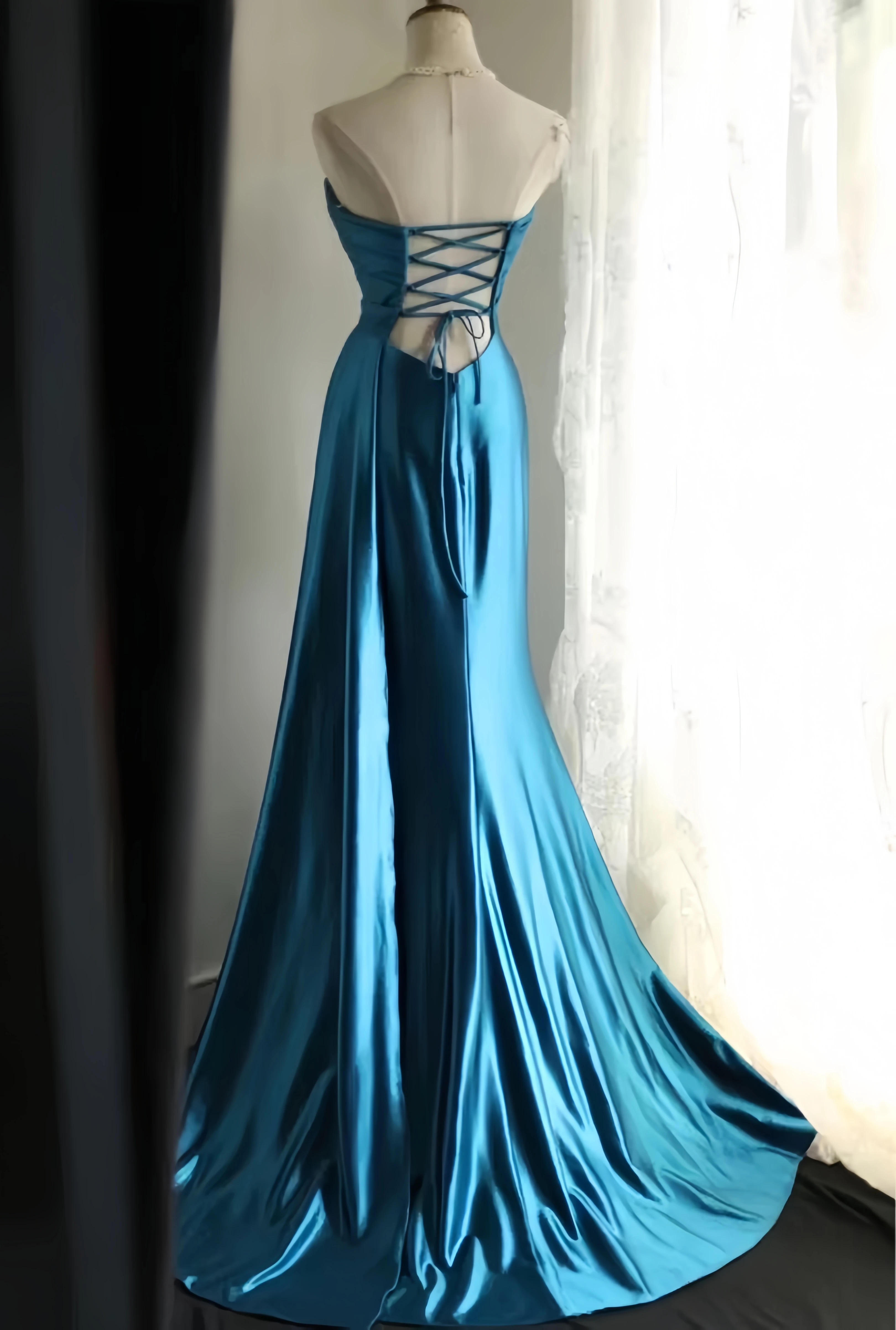 Luxo retro celebridade vestido azul fishtail ruched busto cetim noite alta fenda volta laço adequado senhora noite banquete vestido