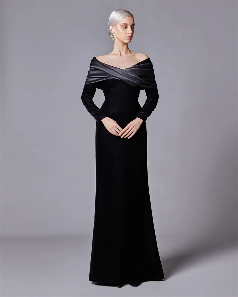 Modern Black Velvet Prom Dress Ruched Bespoke Speical Occasion Gowns Off Shoulder Cocktail Evening Party Dresses Full Sleeves