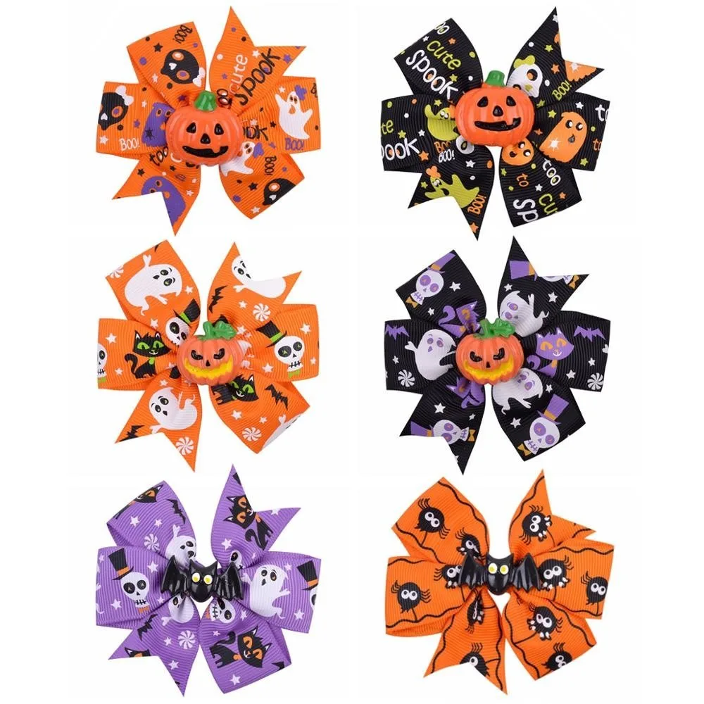 2Pcs/Set Halloween Hair Accessories for Kids Girls - Ribbon Bow Hairpin Ghost Pumpkin Bat Hair Clips for Party Decoration view 5