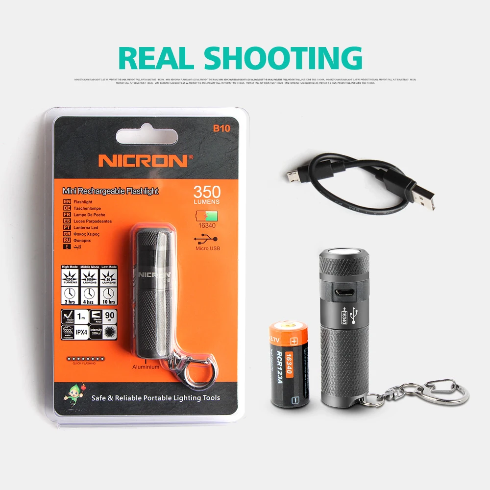 NICRON Mini LED Flashlight B10 Waterproof IP4X USB Rechargeable Li-ion Battery Keychain Torch Light For Outdoor Lighting