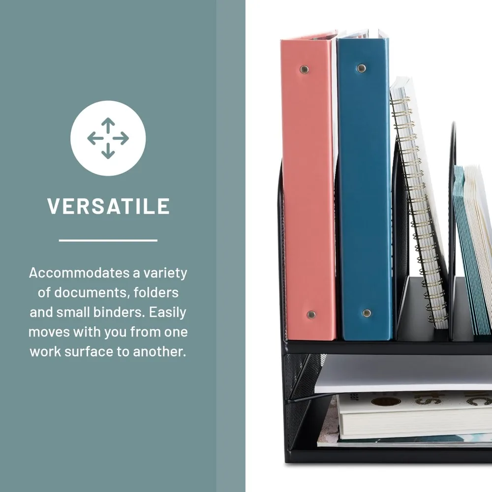 Premium Steel Mesh Desk Organizer, 6 Vertical Compartments & 2 Trays, Office Mail Sorter for Paper Files