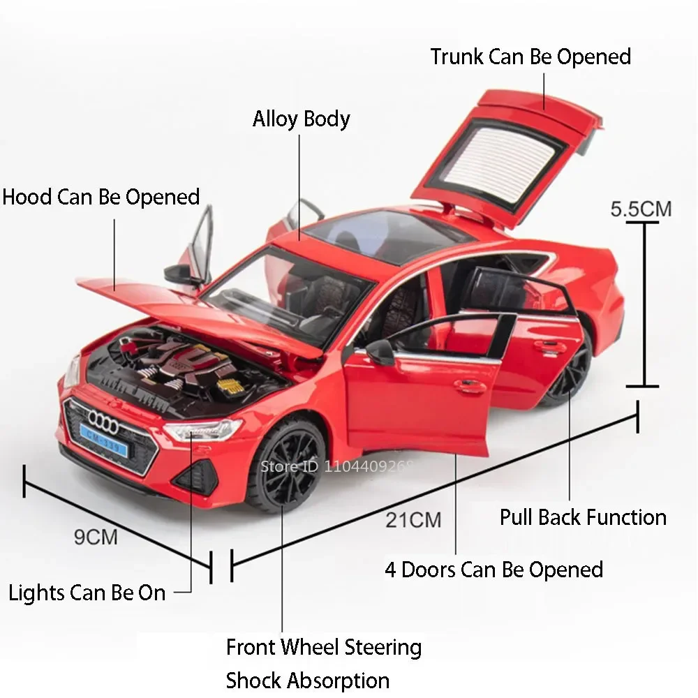 1:24 R8 LMS GT2 RS7 Model Car Toy Sound Light Pull Back Alloy Body Rubber Tires Vehicles Models Toys Home Decoration Ornament